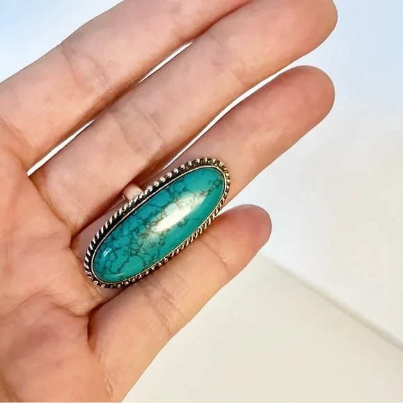 Turquoise Ring Sterling Silver 925 Oval Statement Boho Western Size 8 - Picture 2 of 8